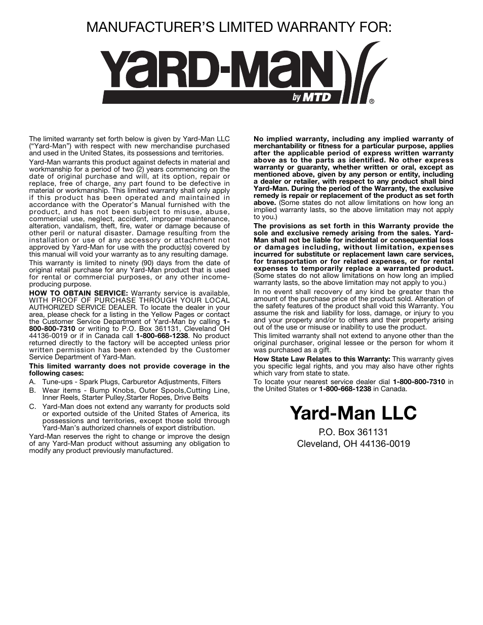 Yard-man llc, Manufacturer’s limited warranty for | Yard-Man YM20CS User Manual | Page 16 / 52