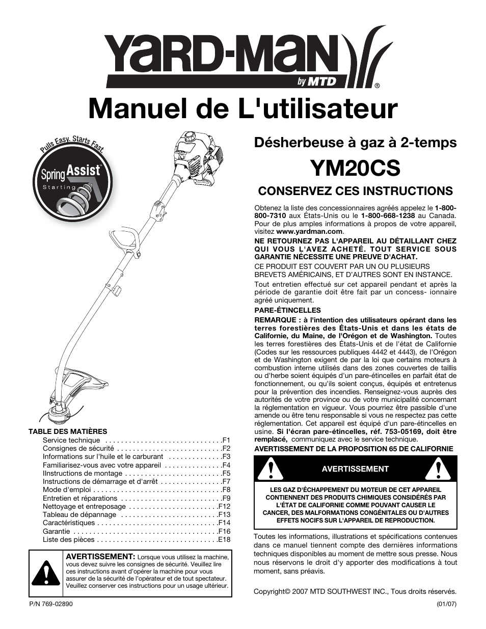 Manuel de l'utilisateur, Ym20cs, Désherbeuse à gaz à 2-temps | Conservez ces instructions | Yard-Man YM20CS User Manual | Page 17 / 52