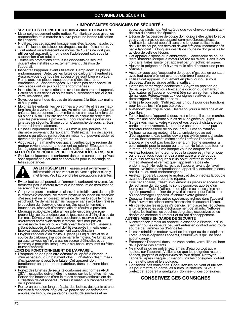 Conservez ces consignes | Yard-Man YM20CS User Manual | Page 18 / 52