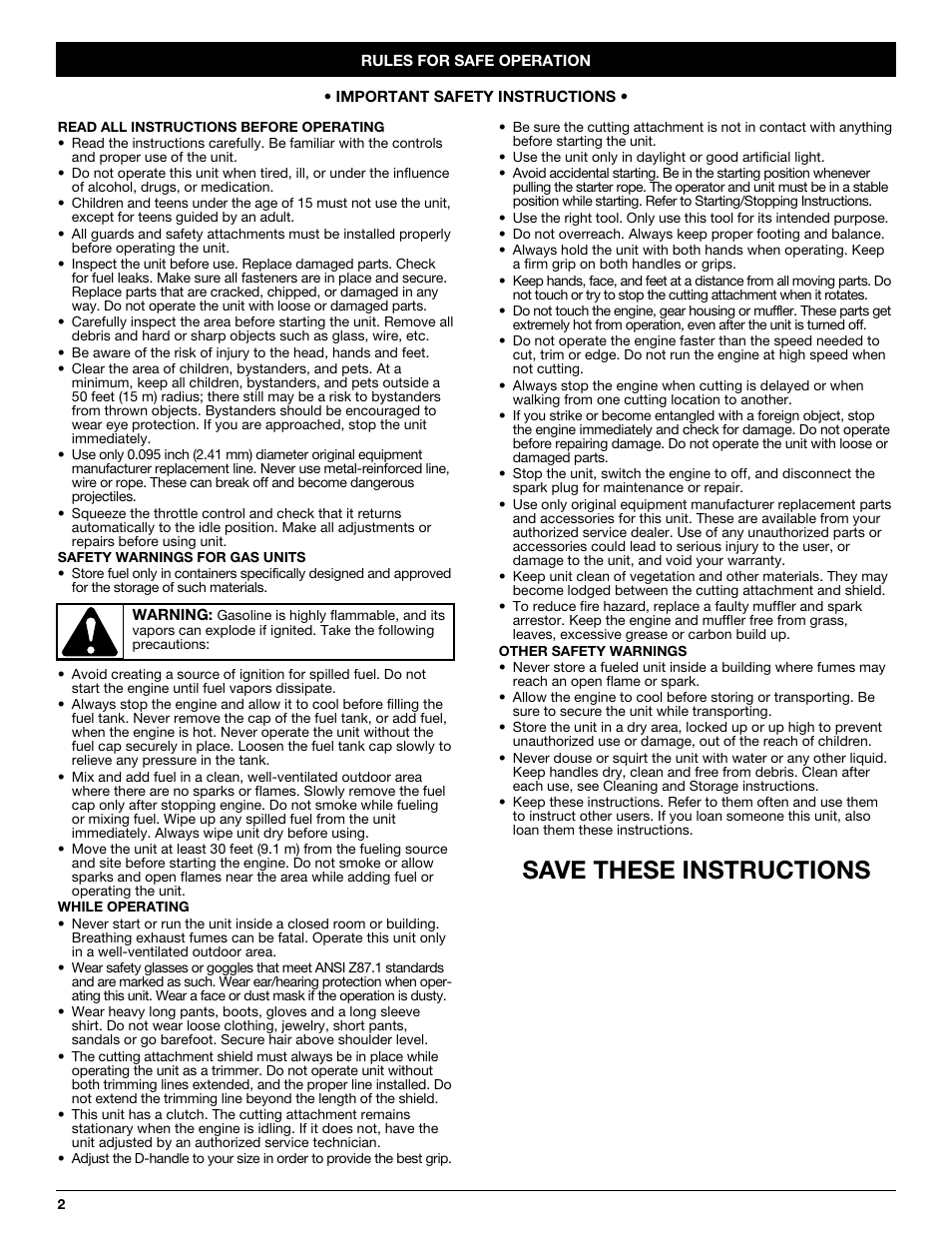Save these instructions | Yard-Man YM20CS User Manual | Page 2 / 52