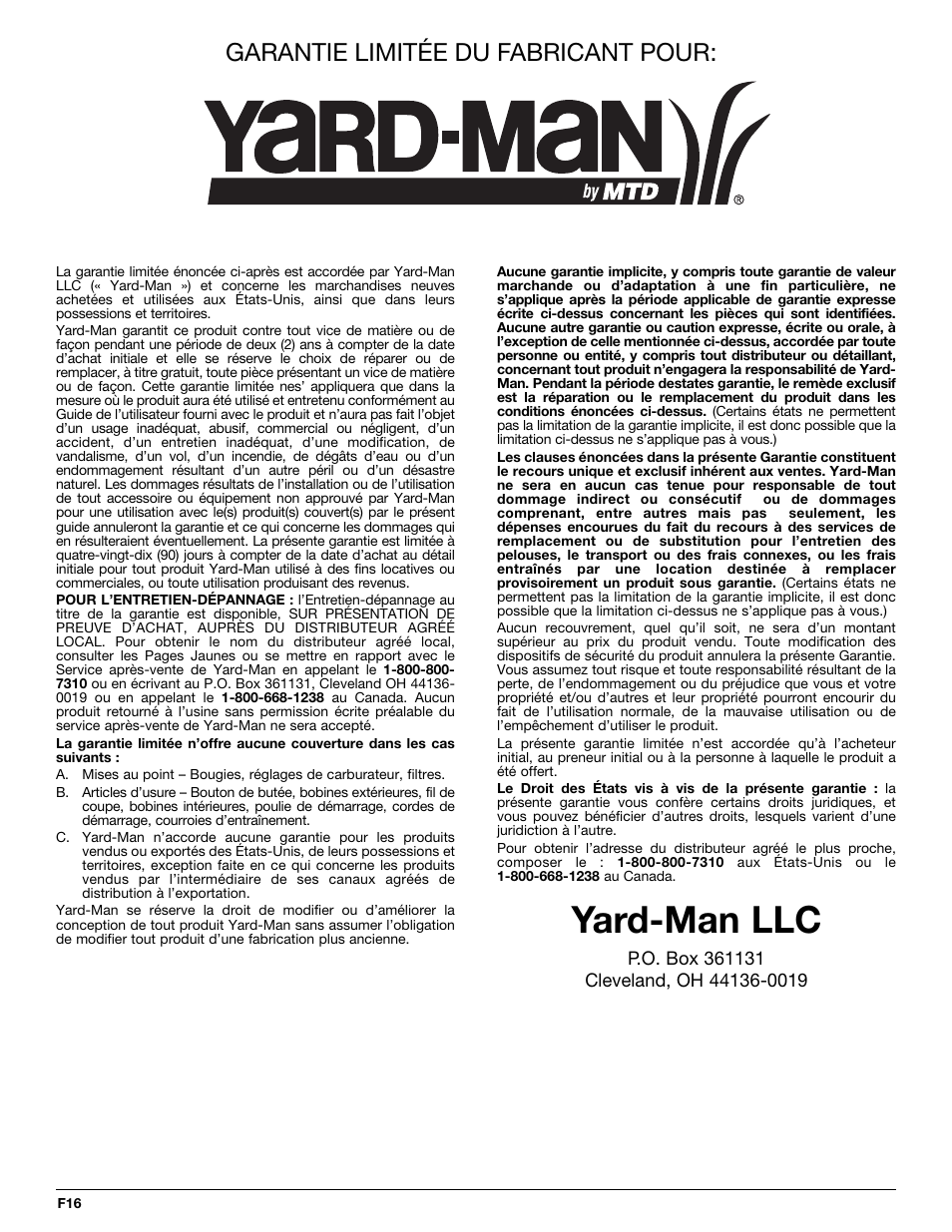 Yard-man llc, Garantie limitée du fabricant pour | Yard-Man YM20CS User Manual | Page 32 / 52