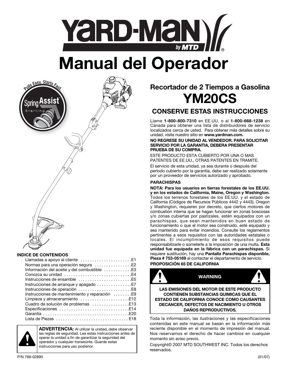 Manual del operador, Ym20cs, Recortador de 2 tiempos a gasolina | Conserve estas instrucciones | Yard-Man YM20CS User Manual | Page 33 / 52