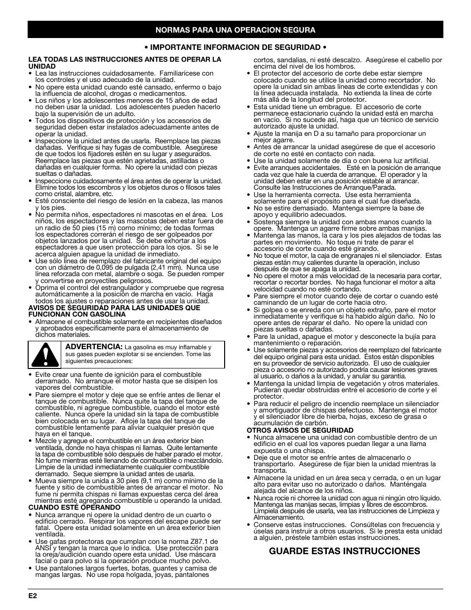 Guarde estas instrucciones | Yard-Man YM20CS User Manual | Page 34 / 52