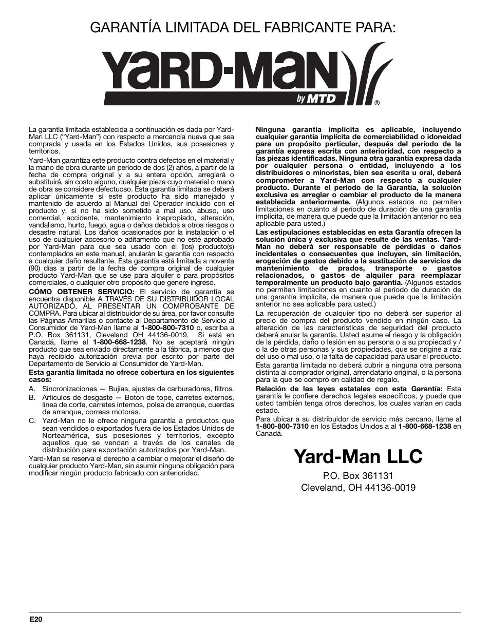 Yard-man llc, Garantía limitada del fabricante para | Yard-Man YM20CS User Manual | Page 52 / 52