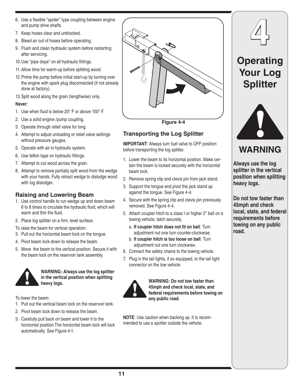 Operating your log splitter, Warning | Yard-Man 550 Thru 570 User Manual | Page 11 / 20