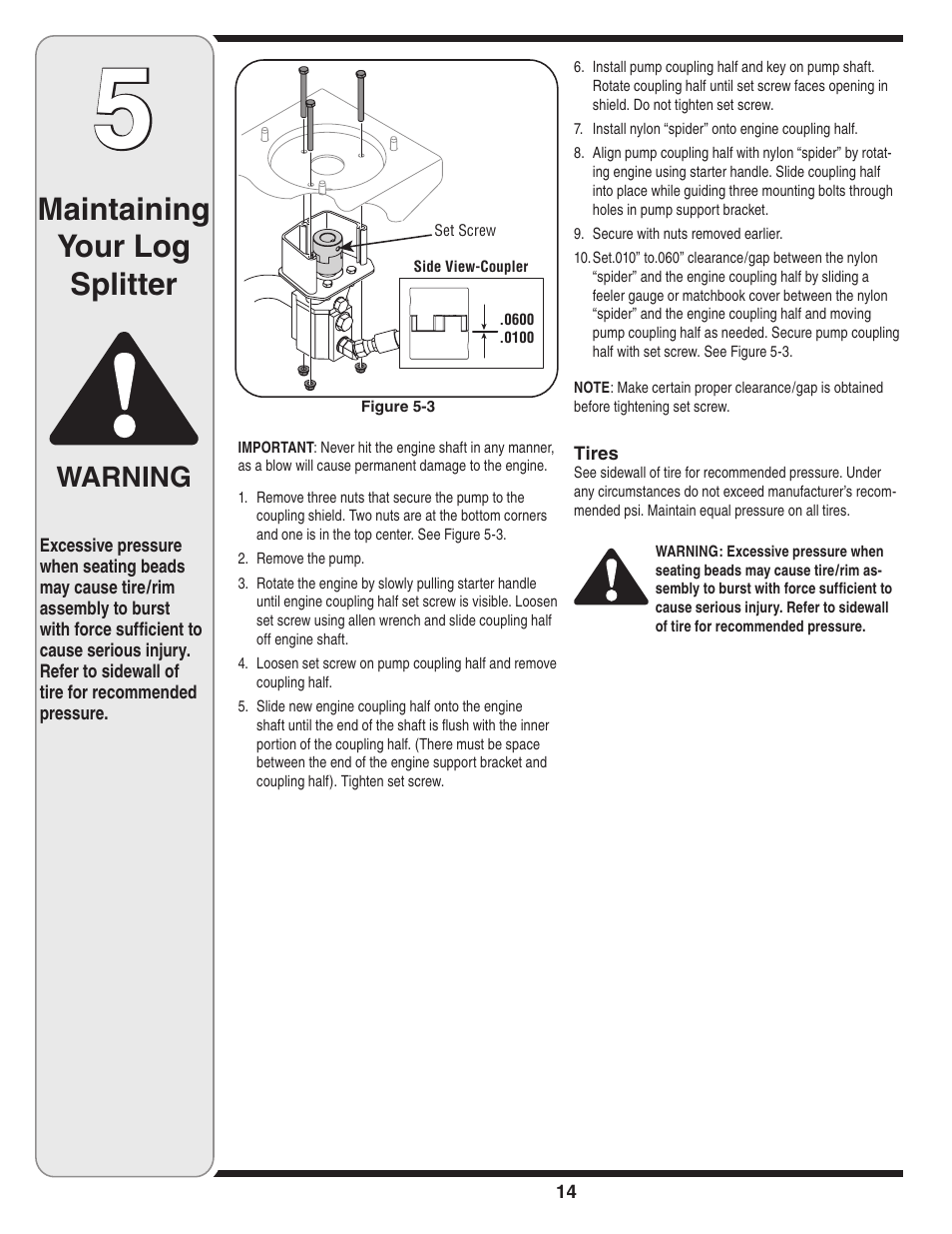 Maintaining your log splitter, Warning | Yard-Man 550 Thru 570 User Manual | Page 14 / 20