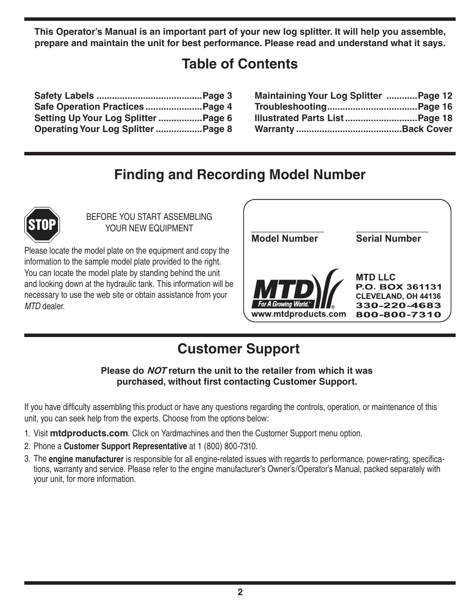 Customer support, Stop | Yard-Man 550 Thru 570 User Manual | Page 2 / 20