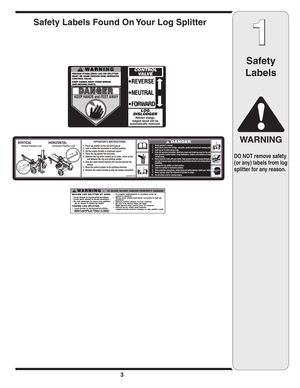 Safety labels, Warning, Safety labels found on your log splitter | Yard-Man 550 Thru 570 User Manual | Page 3 / 20