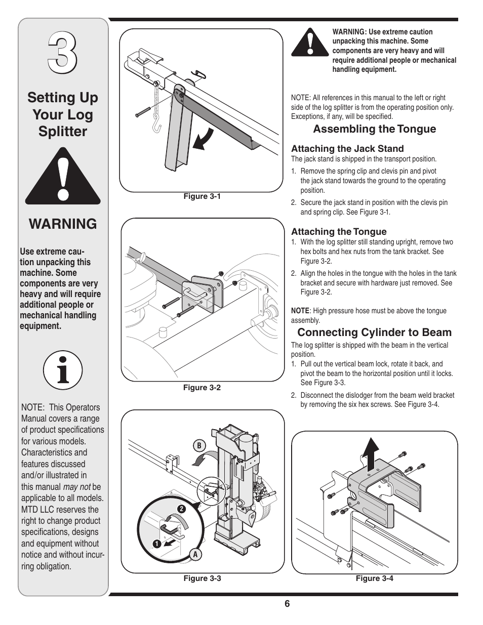 Setting up your log splitter, Warning | Yard-Man 550 Thru 570 User Manual | Page 6 / 20