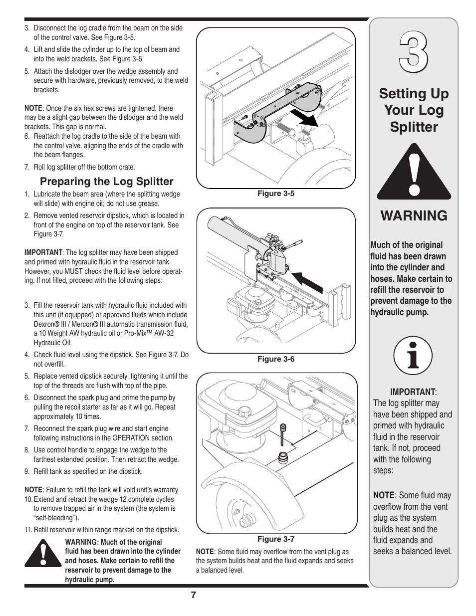 Setting up your log splitter warning | Yard-Man 550 Thru 570 User Manual | Page 7 / 20