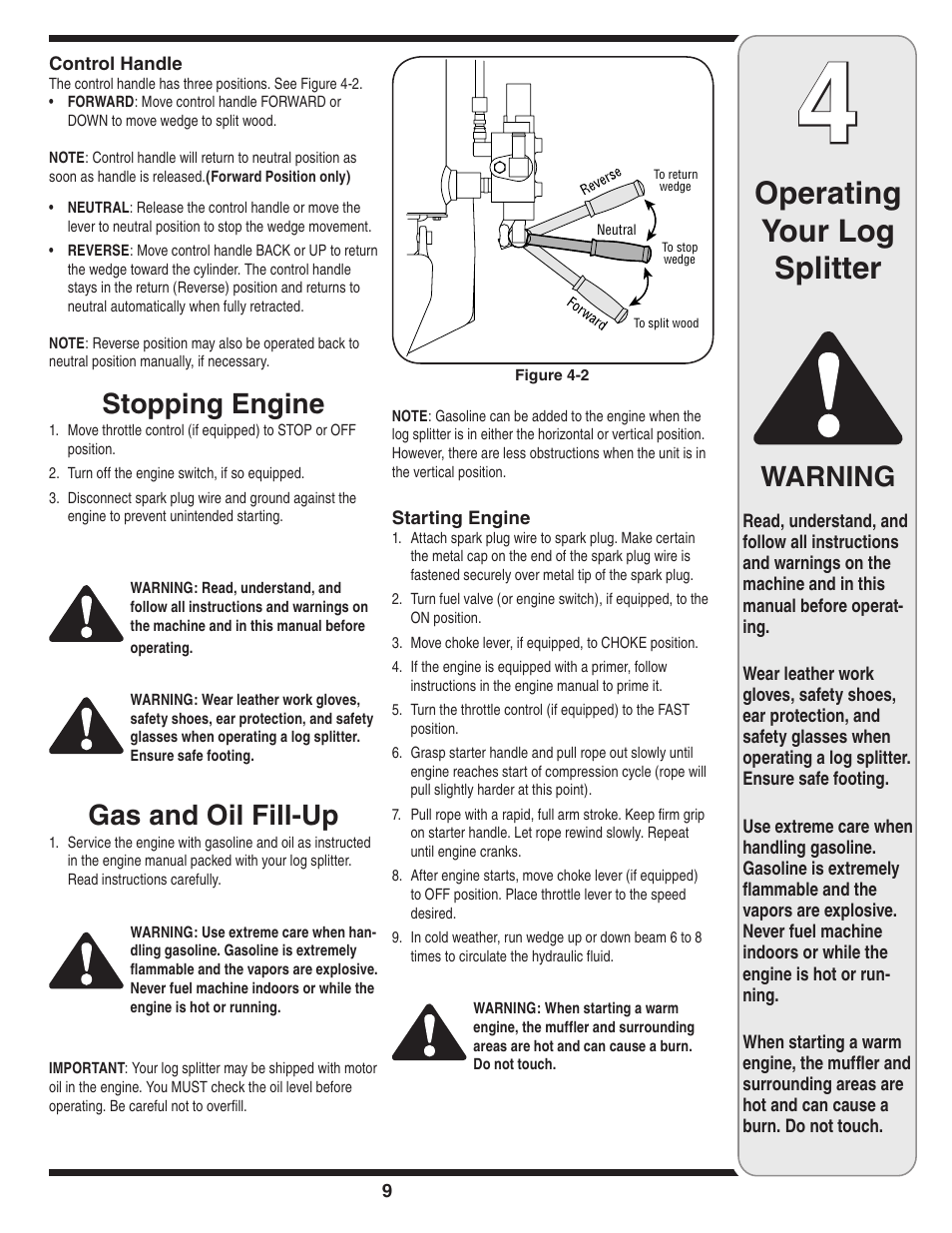 Operating your log splitter, Stopping engine, Gas and oil fill-up | Warning | Yard-Man 550 Thru 570 User Manual | Page 9 / 20