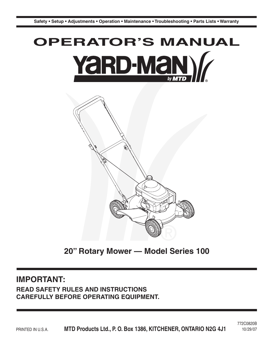 Yard-Man 100 User Manual | 28 pages