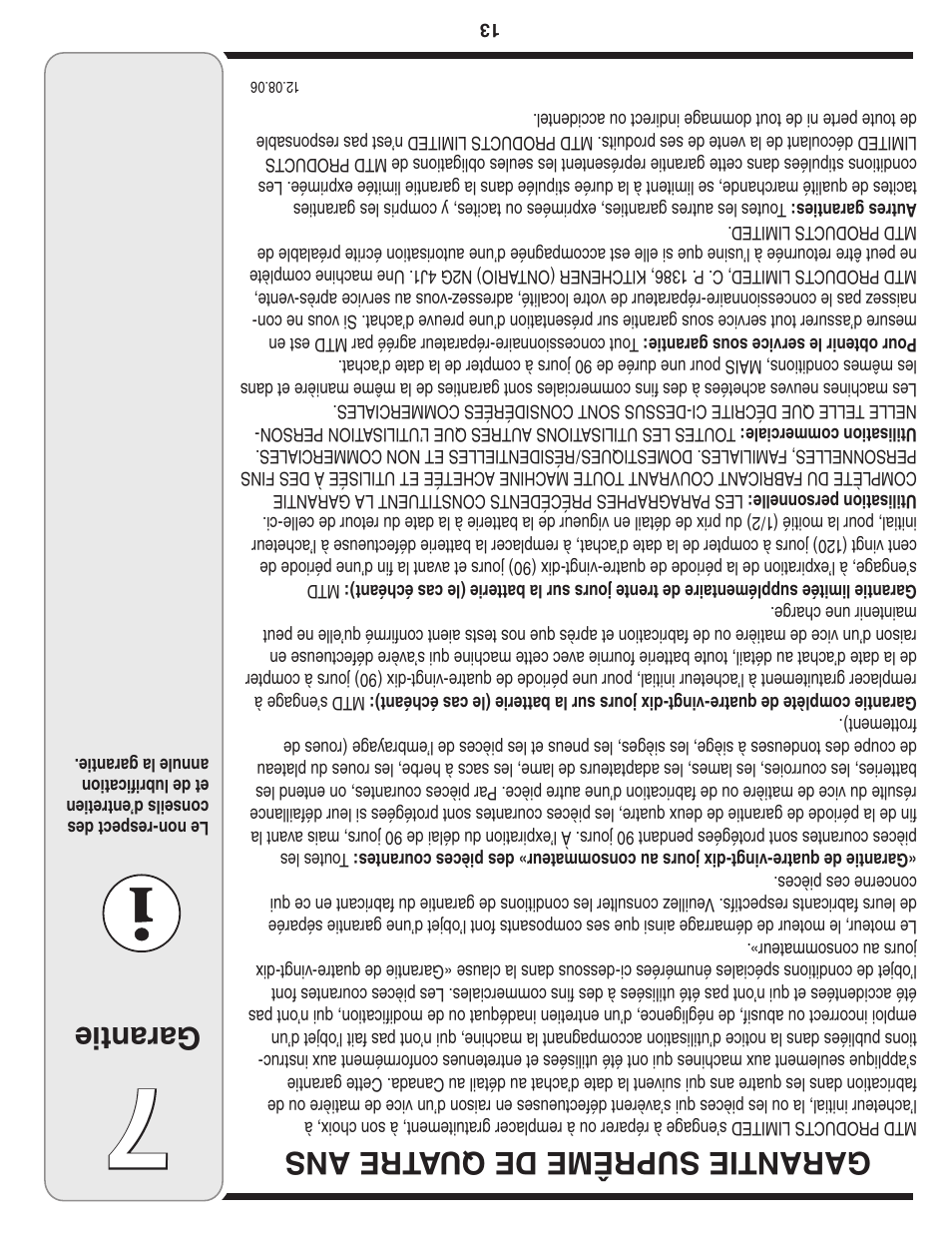 Garantie, Garantie suprême de qu atre ans | Yard-Man 100 User Manual | Page 16 / 28