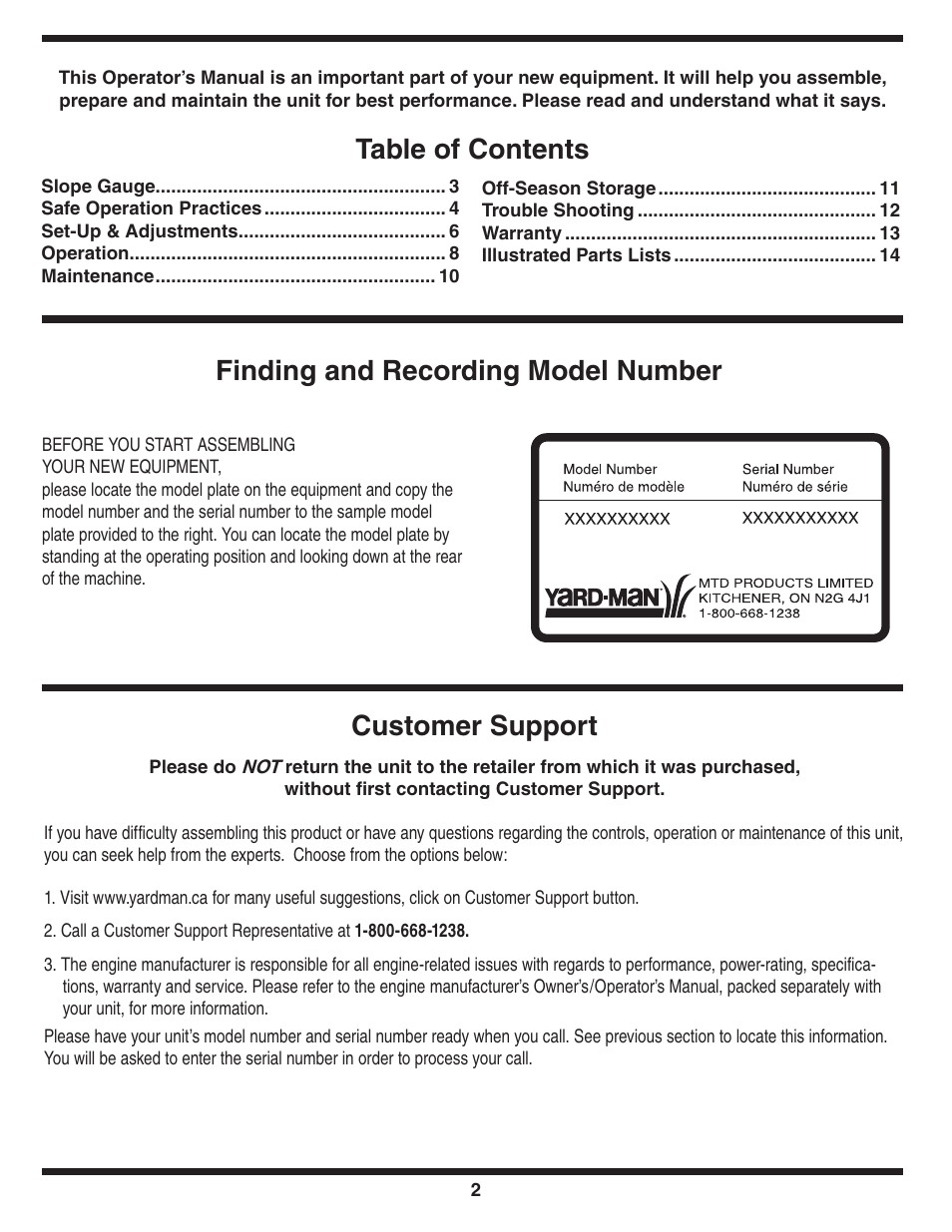 Customer support | Yard-Man 100 User Manual | Page 2 / 28