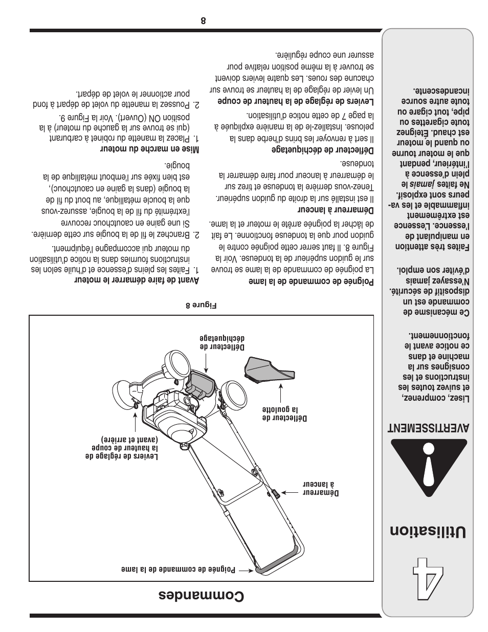 Utilisation, Commandes, Aver tissement | Yard-Man 100 User Manual | Page 21 / 28