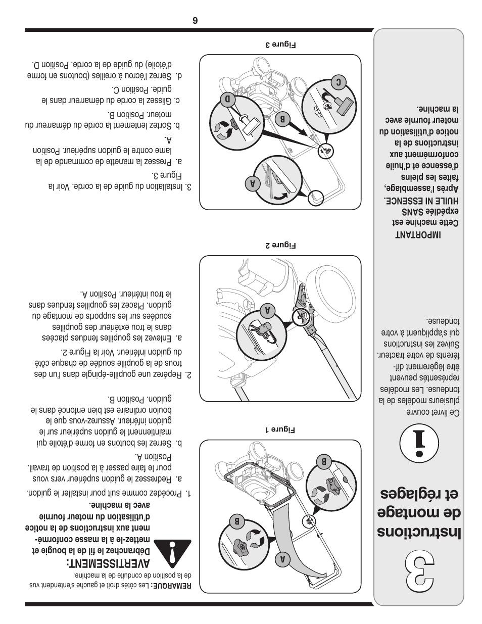 Ins tru ctio ns de mon tag e et r égl age s, Aver tissement | Yard-Man 100 User Manual | Page 23 / 28