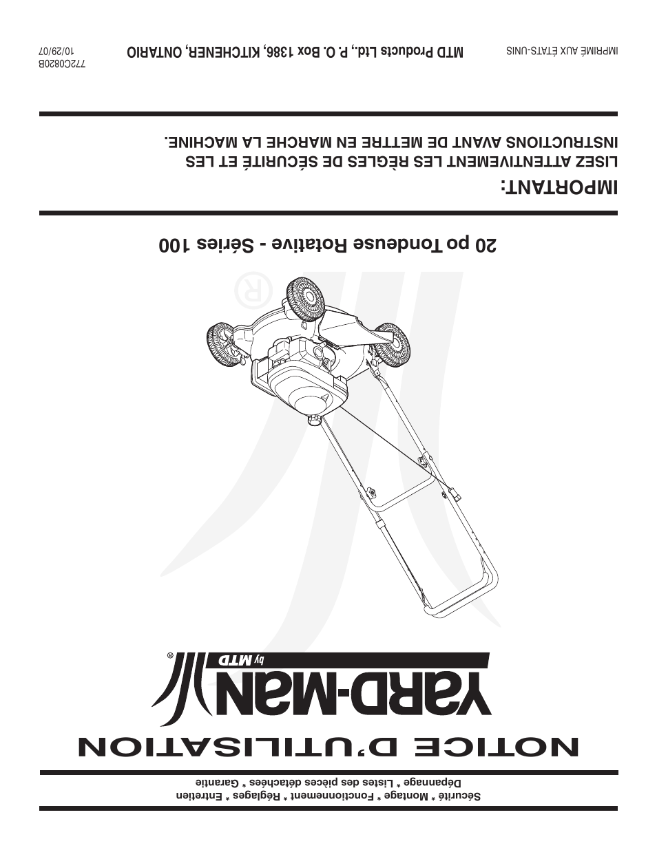 Notice d’utilisa tion, Important | Yard-Man 100 User Manual | Page 28 / 28