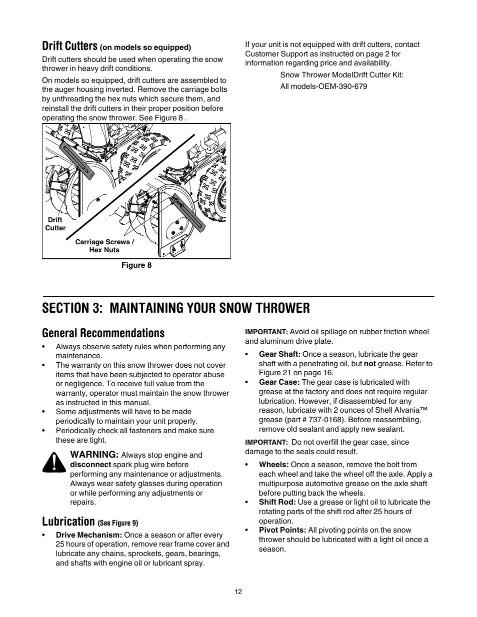 Drift cutters (on models so equipped), Section 3: maintaining your snow thrower, General recommendations | Lubrication (see figure 9), Drift cutters, Lubrication | Yard-Man 5KL User Manual | Page 12 / 28