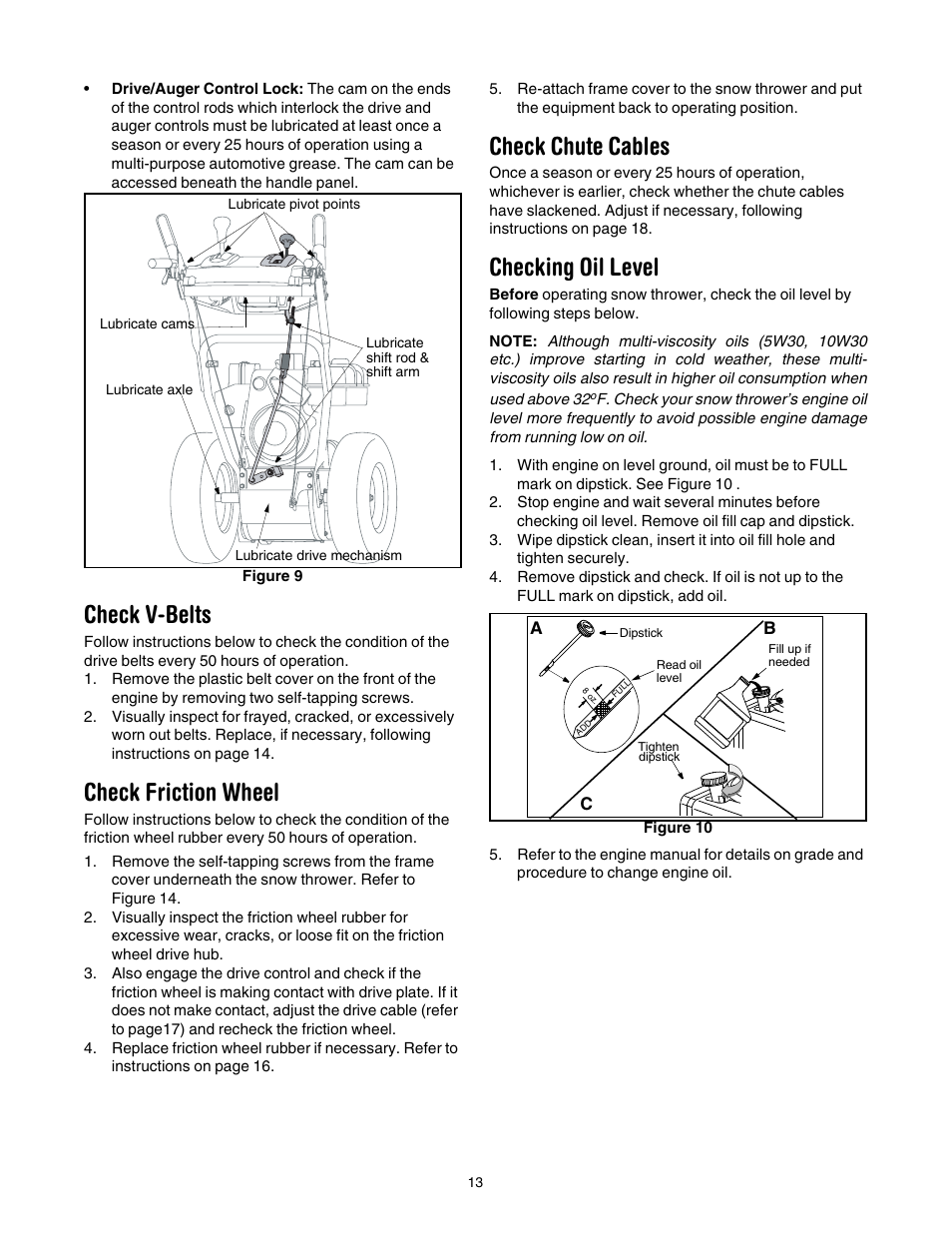Check v-belts, Check friction wheel, Check chute cables | Checking oil level, See figure 9) | Yard-Man 5KL User Manual | Page 13 / 28