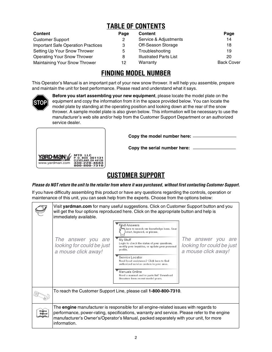 Table of contents finding model number, Customer support | Yard-Man 5KL User Manual | Page 2 / 28