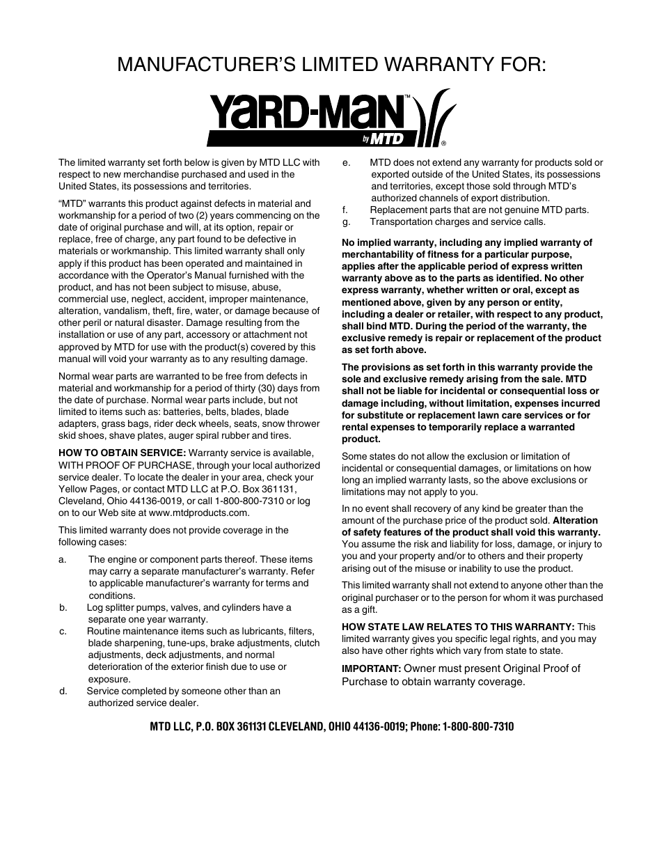Manufacturer’s limited warranty for | Yard-Man 5KL User Manual | Page 28 / 28