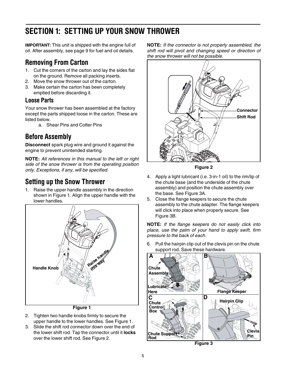 Section 1: setting up your snow thrower, Removing from carton, Before assembly | Setting up the snow thrower, Loose parts | Yard-Man 5KL User Manual | Page 5 / 28