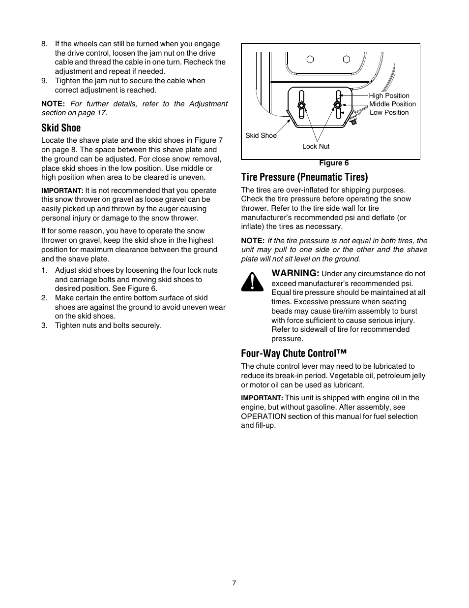 Skid shoe, Tire pressure (pneumatic tires), Four-way chute control | Yard-Man 5KL User Manual | Page 7 / 28