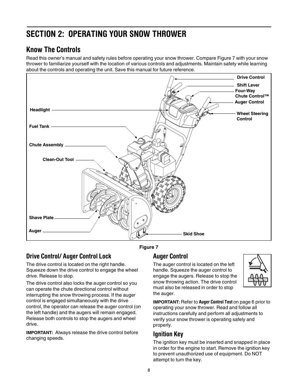 Section 2: operating your snow thrower, Know the controls, Figure 7 | Drive control/ auger control lock, Auger control, Ignition key | Yard-Man 5KL User Manual | Page 8 / 28