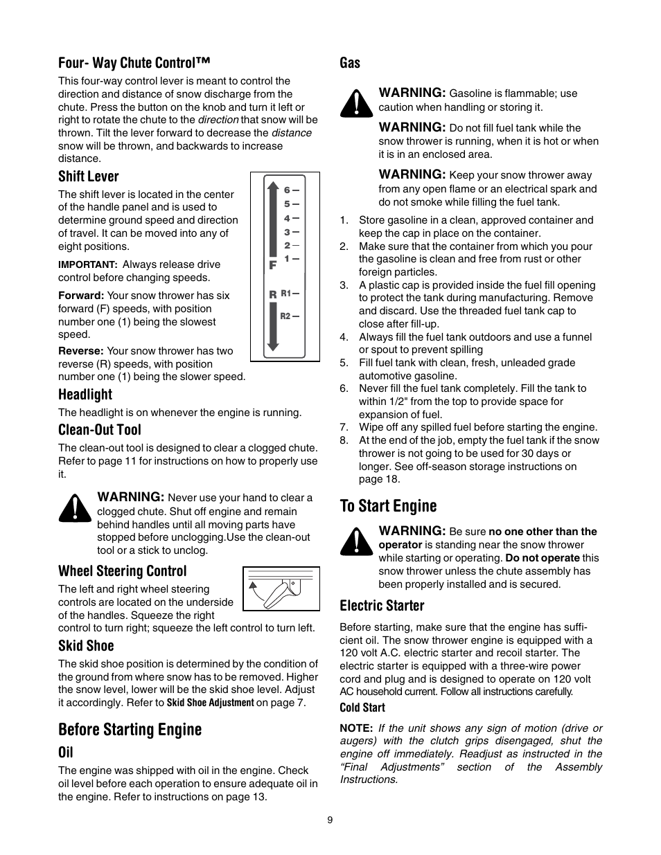 Before starting engine, To start engine, E 9 f | Four- way chute control, Shift lever, Headlight, Clean-out tool, Wheel steering control, Skid shoe, Electric starter | Yard-Man 5KL User Manual | Page 9 / 28