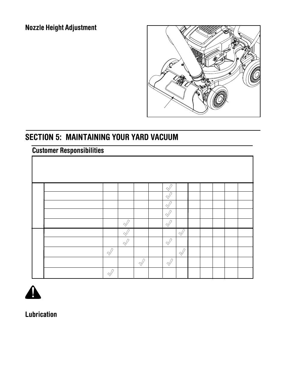 Nozzle height adjustment, Lubrication, Customer responsibilities | Yard-Man 24A-061I401 User Manual | Page 10 / 20