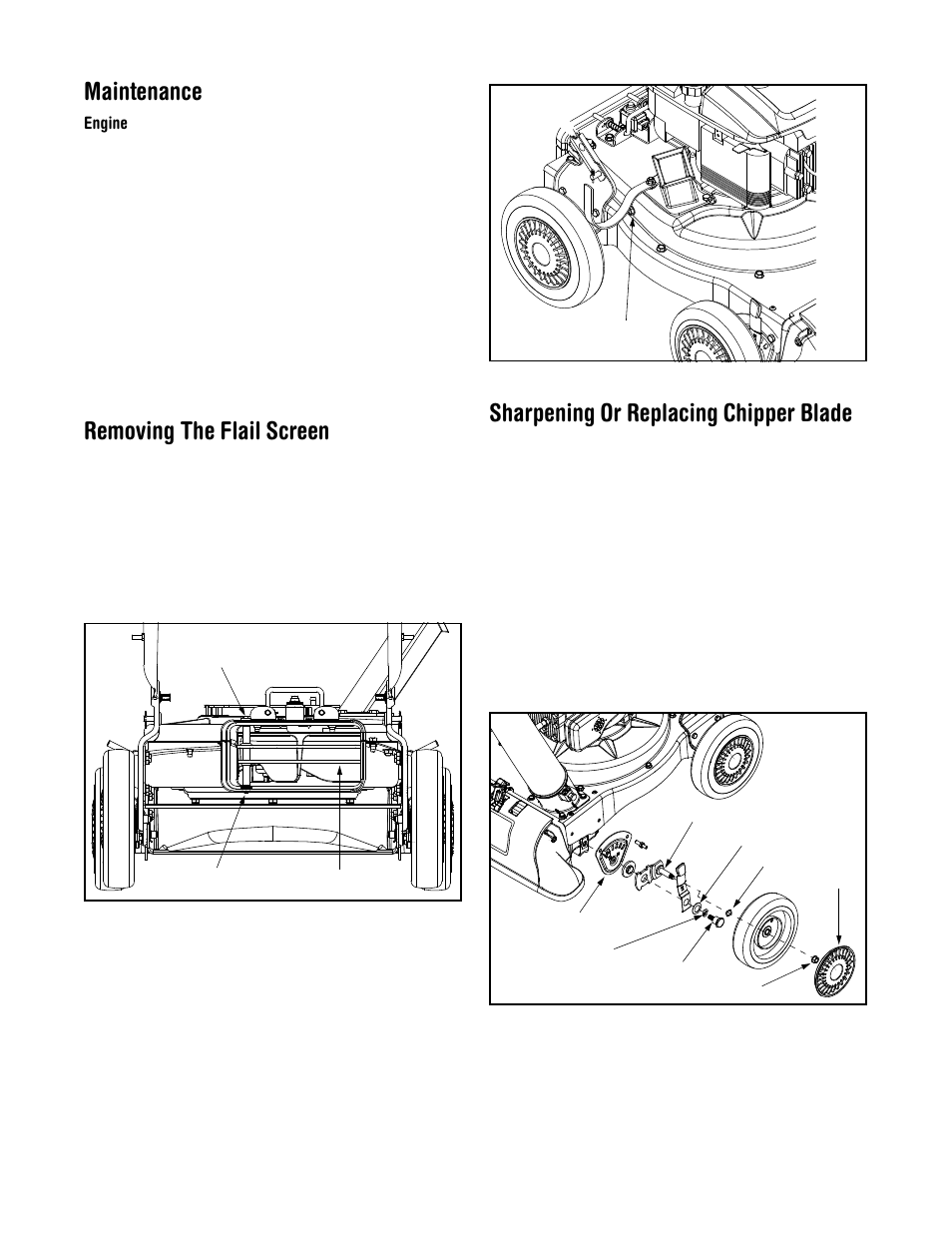 Maintenance, Removing the flail screen, Sharpening or replacing chipper blade | Yard-Man 24A-061I401 User Manual | Page 11 / 20