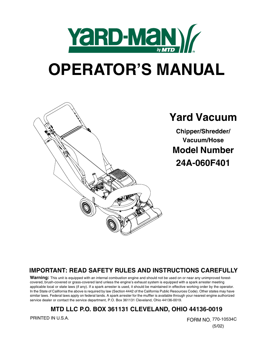 Yard-Man 24A-060F401 User Manual | 32 pages