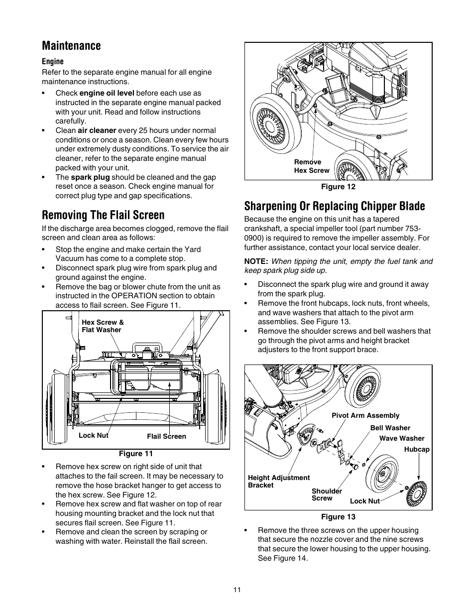 Maintenance, Removing the flail screen, Sharpening or replacing chipper blade | Yard-Man 24A-060F401 User Manual | Page 11 / 32