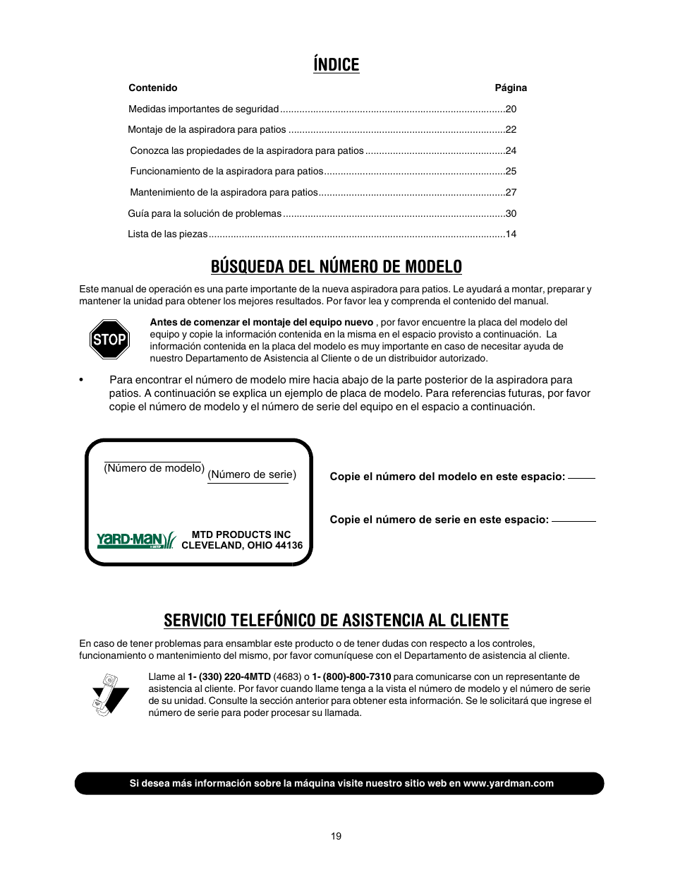Índice, Búsqueda del número de modelo, Servicio telefónico de asistencia al cliente | Yard-Man 24A-060F401 User Manual | Page 19 / 32