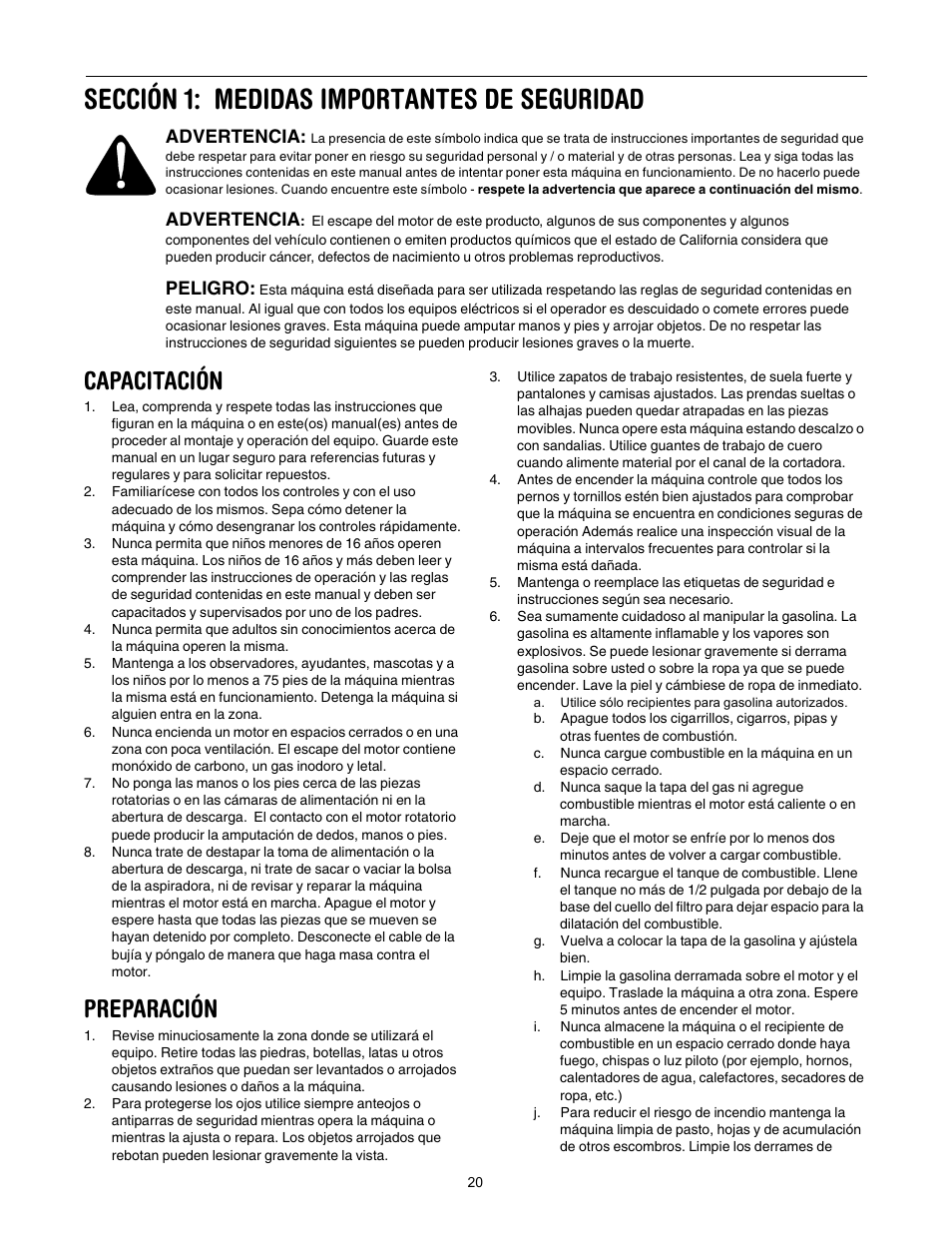 Sección 1: medidas importantes de seguridad, Capacitación, Preparación | Yard-Man 24A-060F401 User Manual | Page 20 / 32