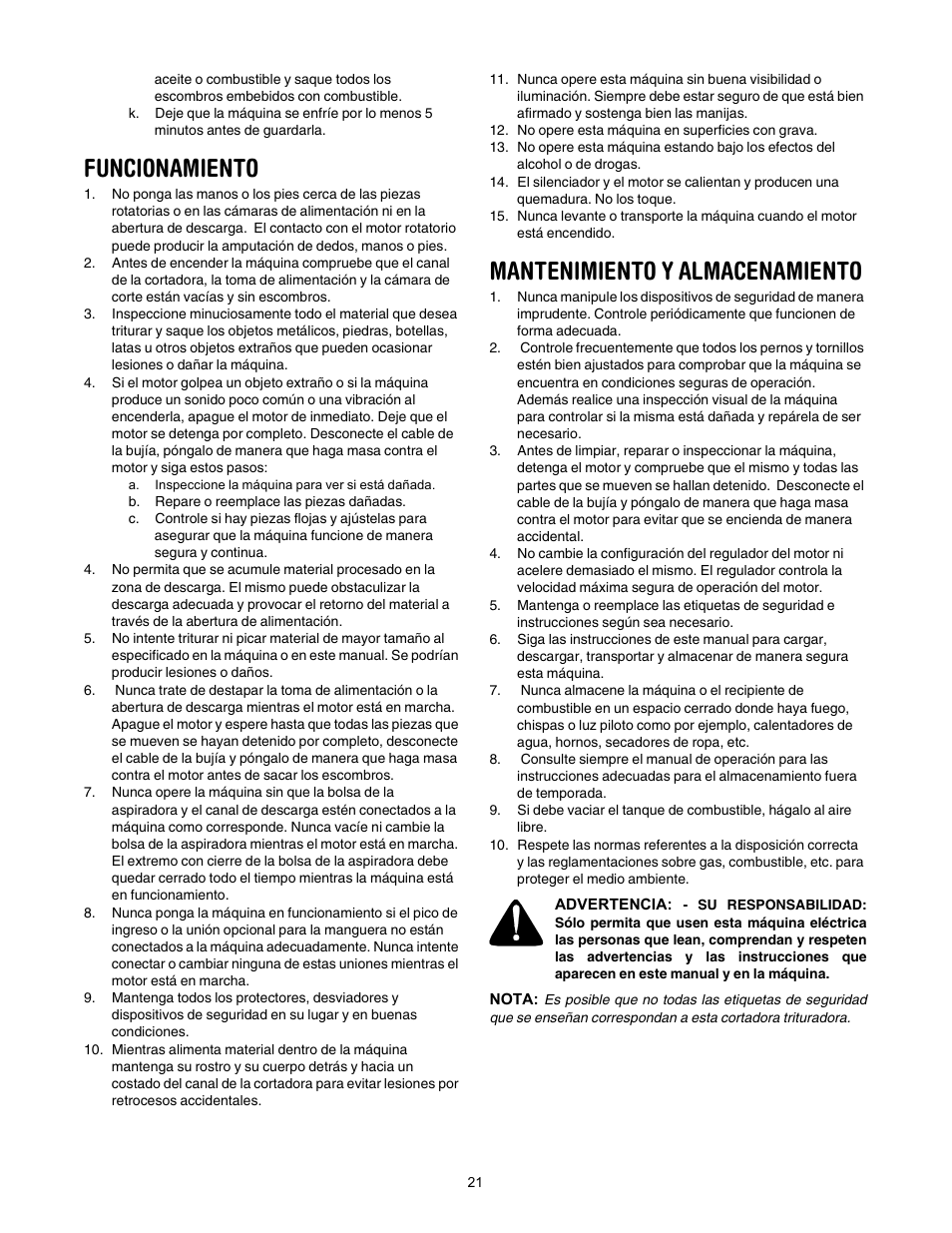 Funcionamiento, Mantenimiento y almacenamiento | Yard-Man 24A-060F401 User Manual | Page 21 / 32