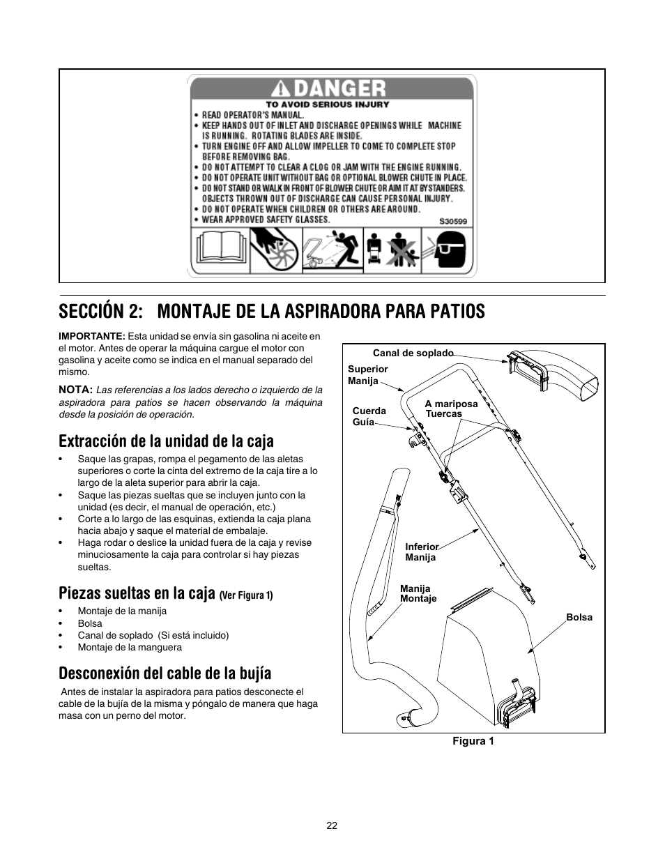 Sección 2: montaje de la aspiradora para patios, Extracción de la unidad de la caja, Piezas sueltas en la caja | Desconexión del cable de la bujía | Yard-Man 24A-060F401 User Manual | Page 22 / 32