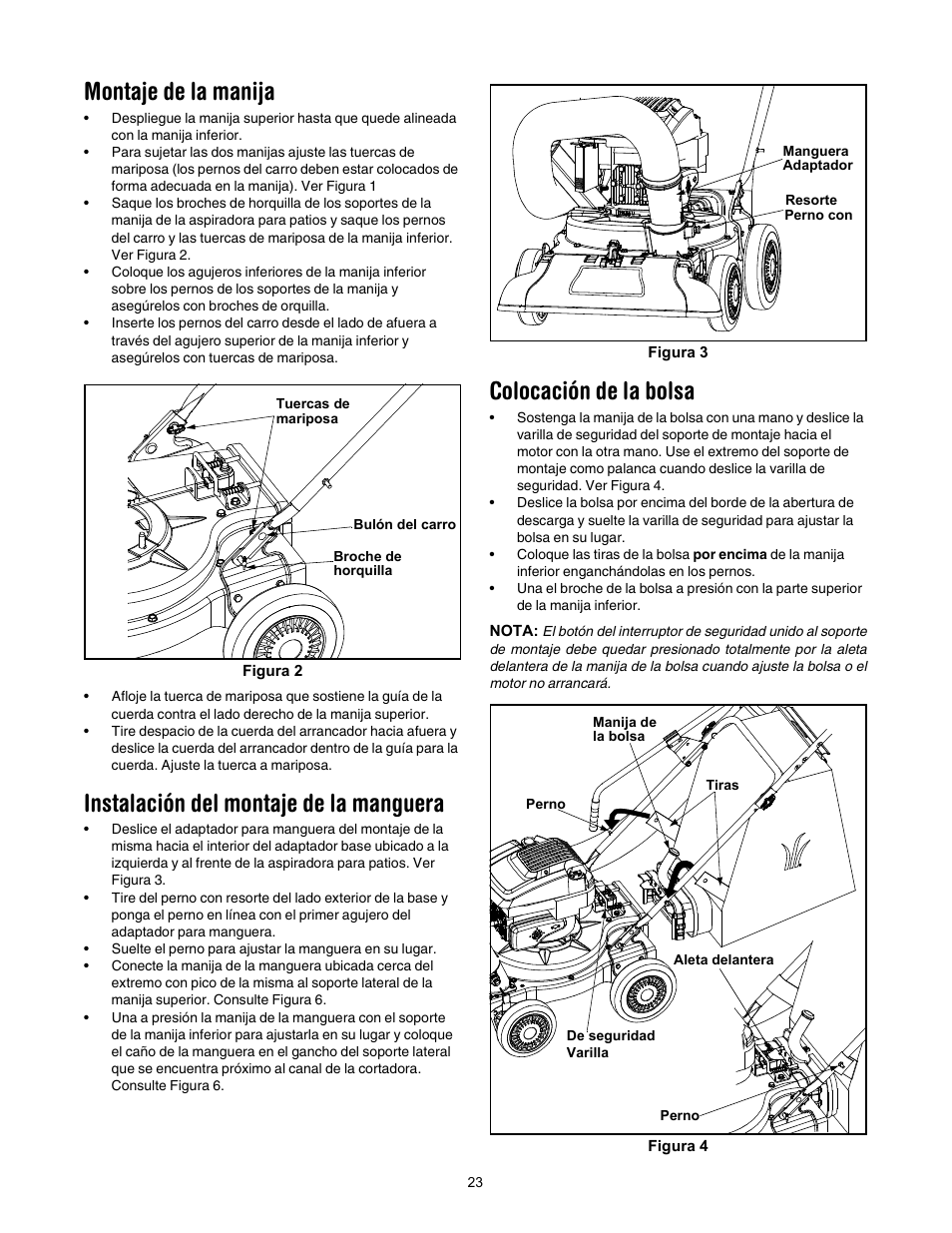 Montaje de la manija, Instalación del montaje de la manguera, Colocación de la bolsa | Yard-Man 24A-060F401 User Manual | Page 23 / 32