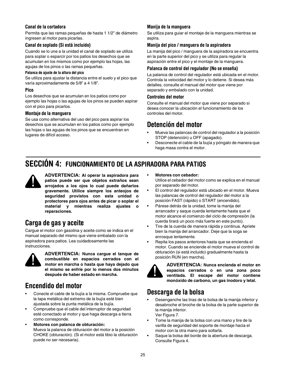 Sección 4, Detención del motor, Carga de gas y aceite | Encendido del motor, Descarga de la bolsa, Funcionamiento de la aspiradora para patios | Yard-Man 24A-060F401 User Manual | Page 25 / 32