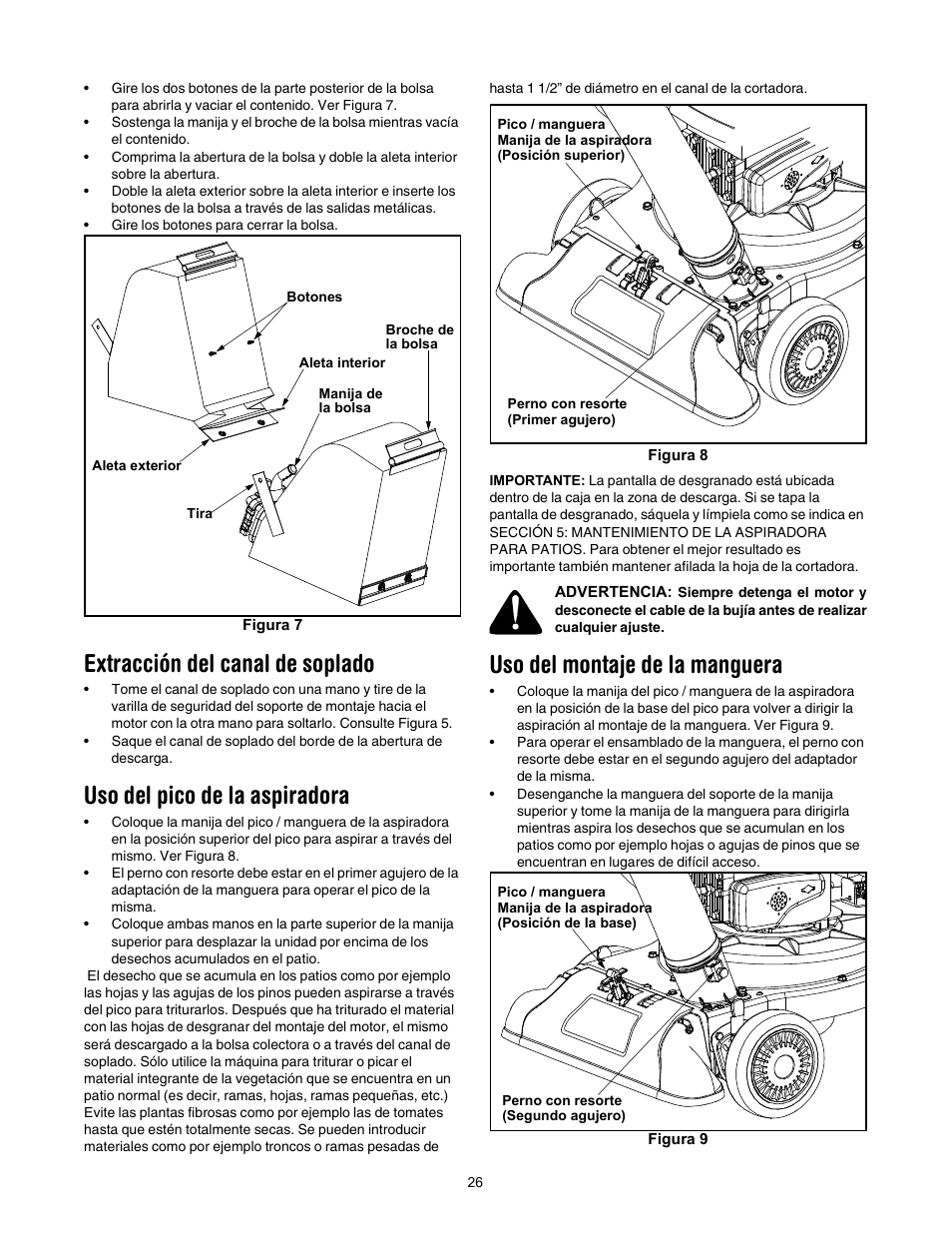 Extracción del canal de soplado, Uso del pico de la aspiradora, Uso del montaje de la manguera | Yard-Man 24A-060F401 User Manual | Page 26 / 32