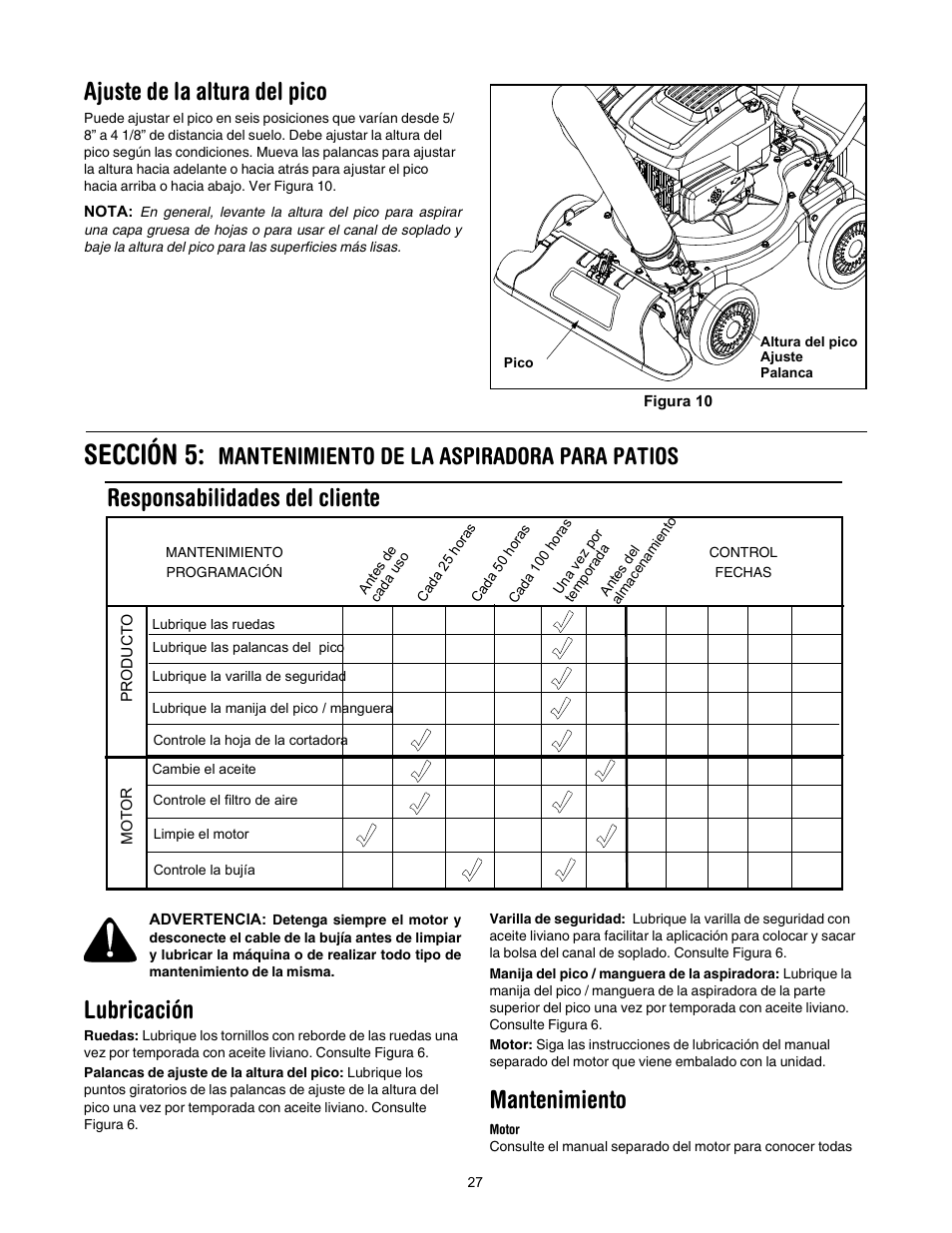 Sección 5, Ajuste de la altura del pico, Lubricación | Mantenimiento, Responsabilidades del cliente, Mantenimiento de la aspiradora para patios | Yard-Man 24A-060F401 User Manual | Page 27 / 32
