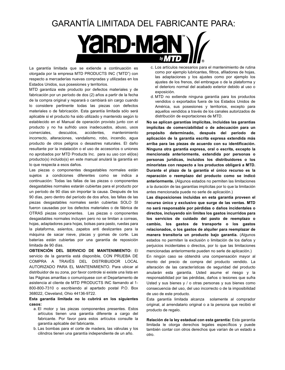 Garantía limitada del fabricante para | Yard-Man 24A-060F401 User Manual | Page 31 / 32