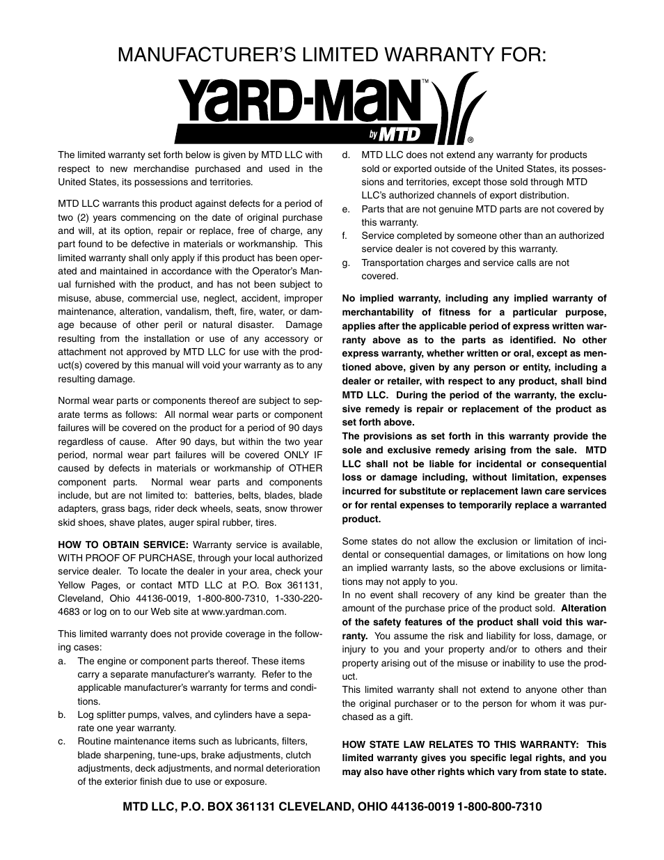 Manufacturer’s limited warranty for | Yard-Man 24A-060F401 User Manual | Page 32 / 32