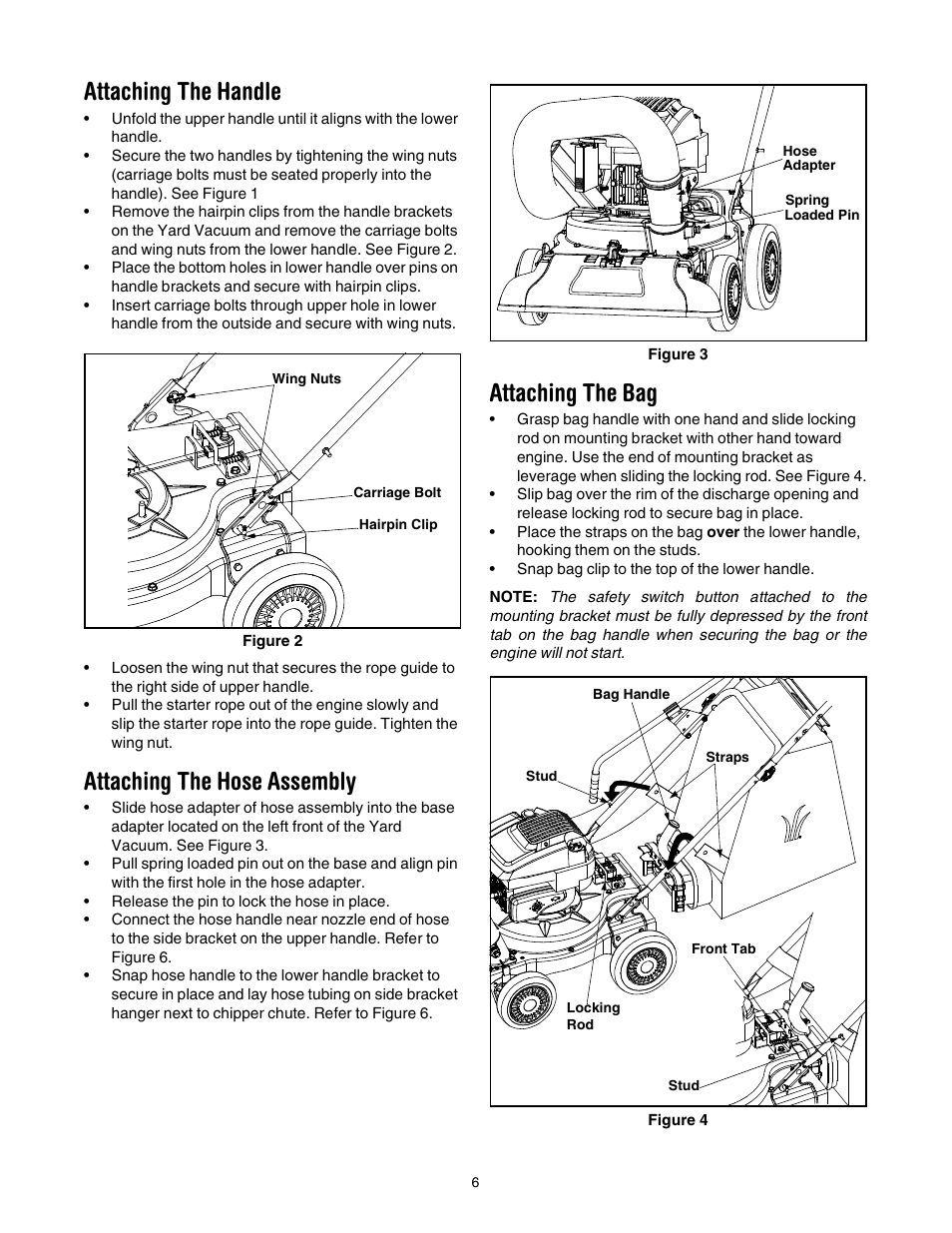 Attaching the handle, Attaching the hose assembly, Attaching the bag | Yard-Man 24A-060F401 User Manual | Page 6 / 32