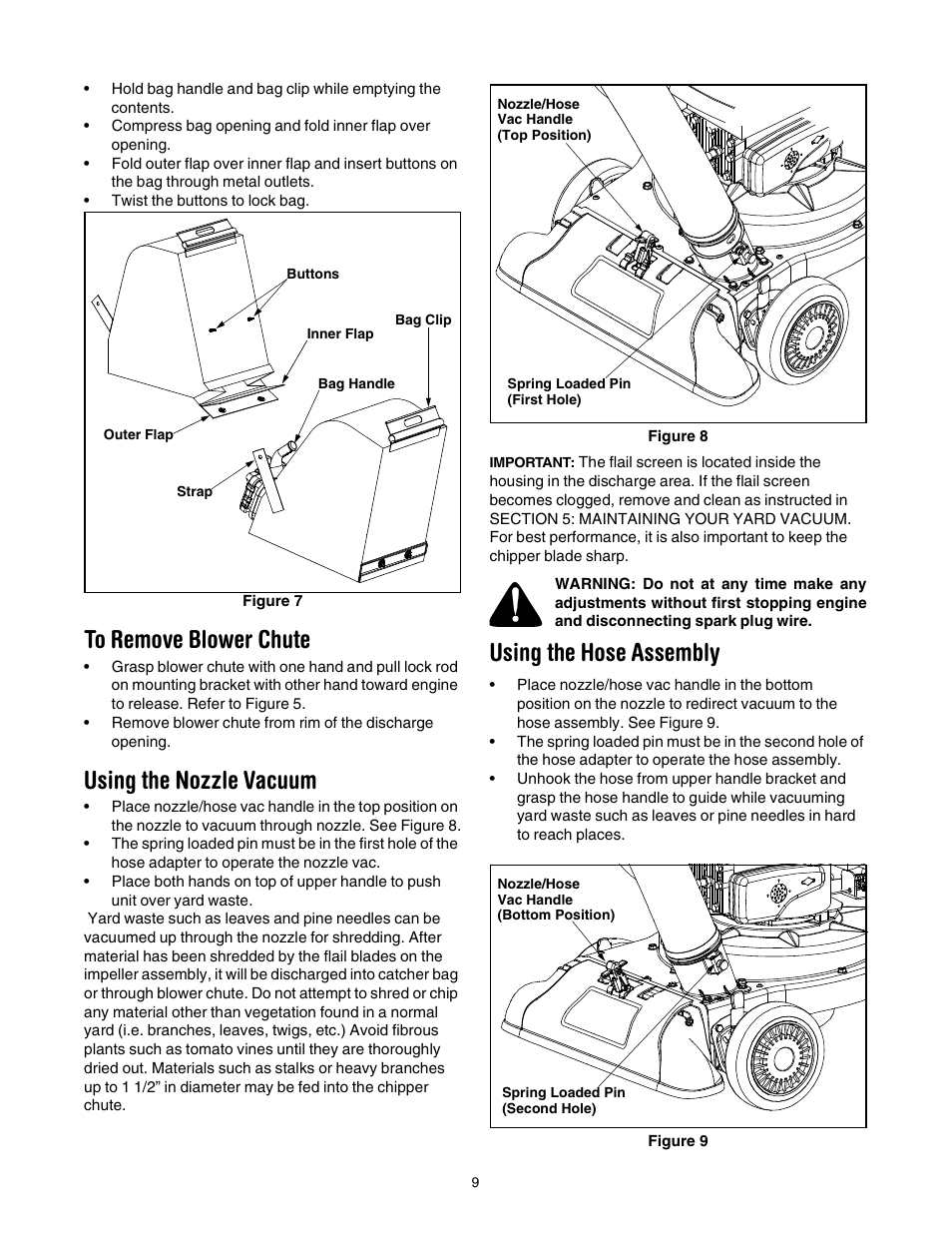 Using the nozzle vacuum, Using the hose assembly | Yard-Man 24A-060F401 User Manual | Page 9 / 32