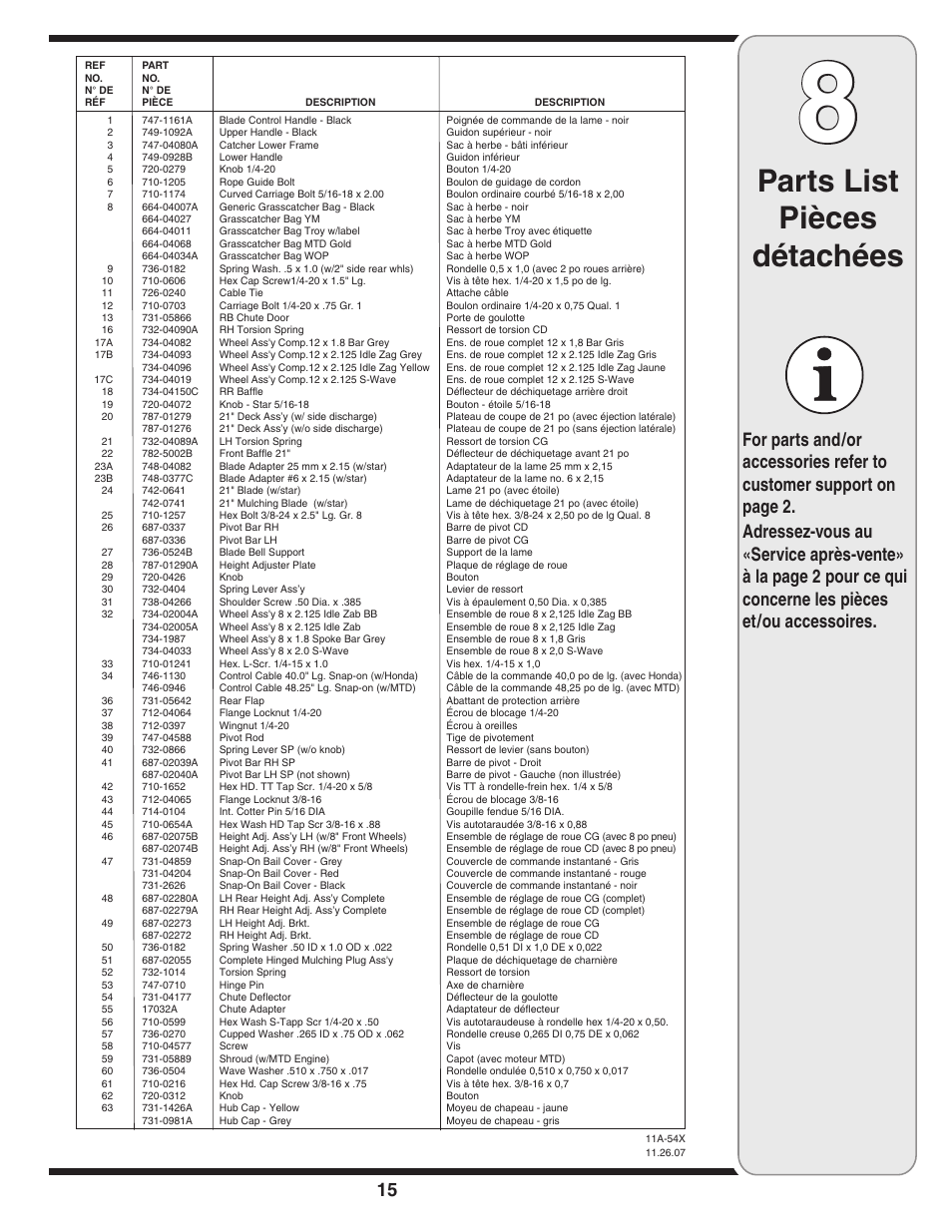 Parts list pièces détachées | Yard-Man 540 User Manual | Page 15 / 28