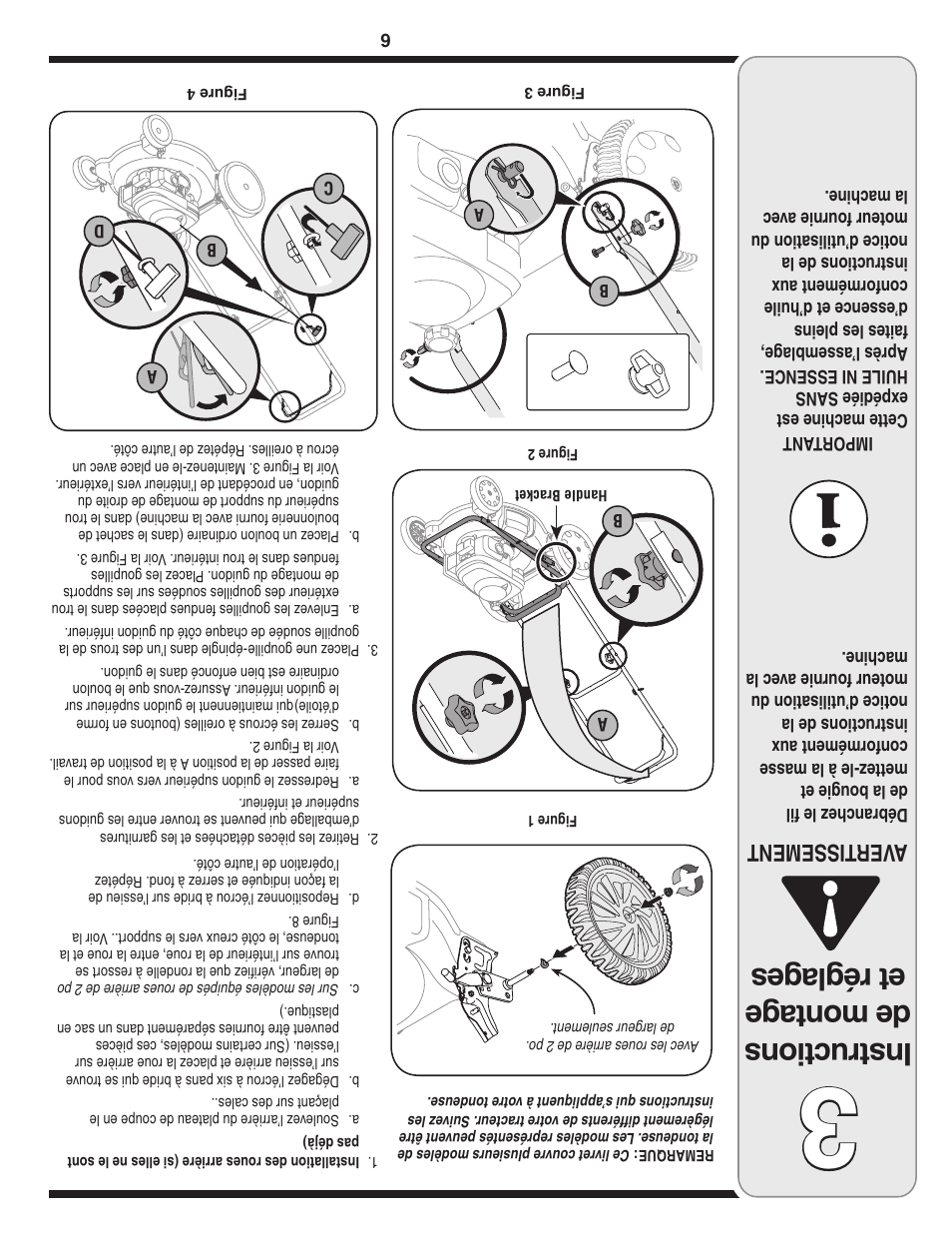 Ins tru ctio ns de mon tag e et r égl age s, Aver tissement | Yard-Man 540 User Manual | Page 23 / 28