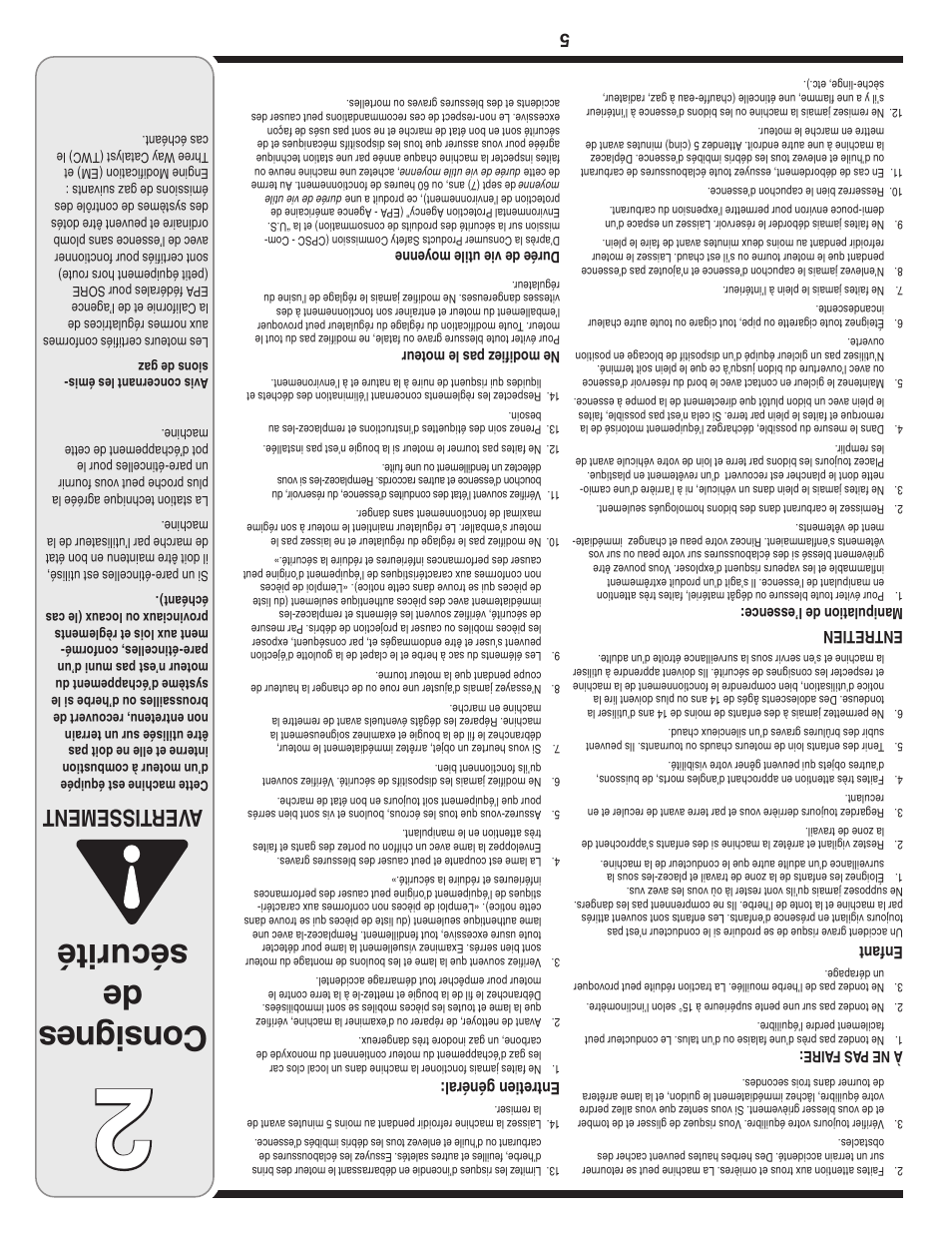 Con sig nes de sécurité, Aver tissement, Enfant | Entretien, Entretien général | Yard-Man 540 User Manual | Page 24 / 28