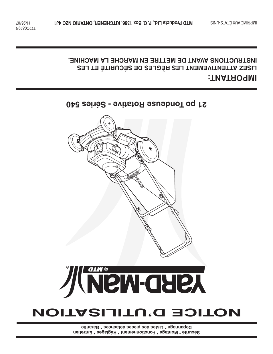 Notice d’utilisa tion, Important | Yard-Man 540 User Manual | Page 28 / 28