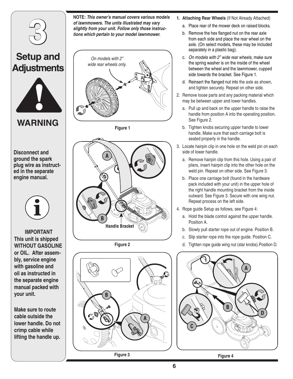 Setup and adjustments, Warning | Yard-Man 540 User Manual | Page 6 / 28